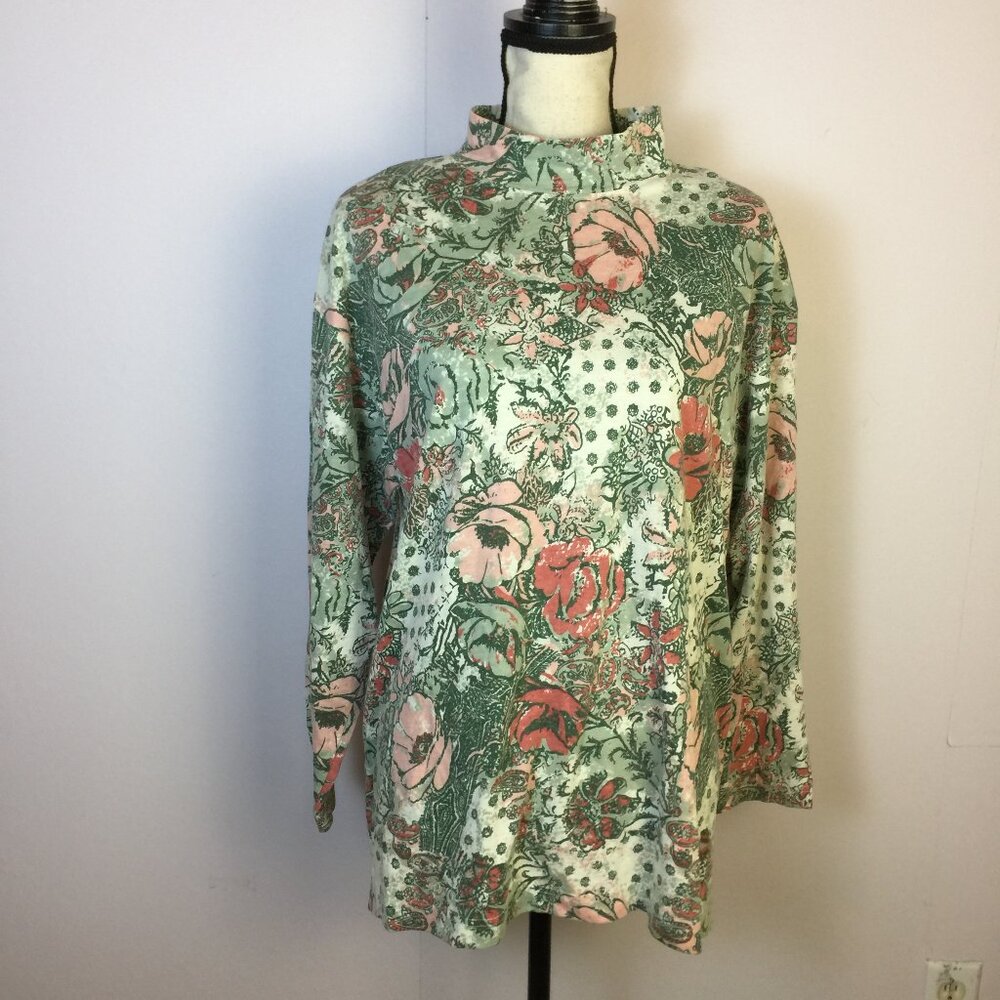 NWT Maggie Lawrence Blouse Shirt Sz M Womans Green Floral Mock Neck Long Sleeve